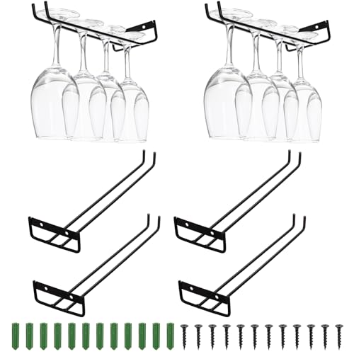 Dicunoy 6 Pack Hanging Wine Glass Rack, 12 Inch Metal Under Shelf Wine Glass Holder, Wall Mounted Iron Wine Glass Hanging Rack for Shelf, Kitchen, Bar, Wine Cellar Storage, Organizer, Display