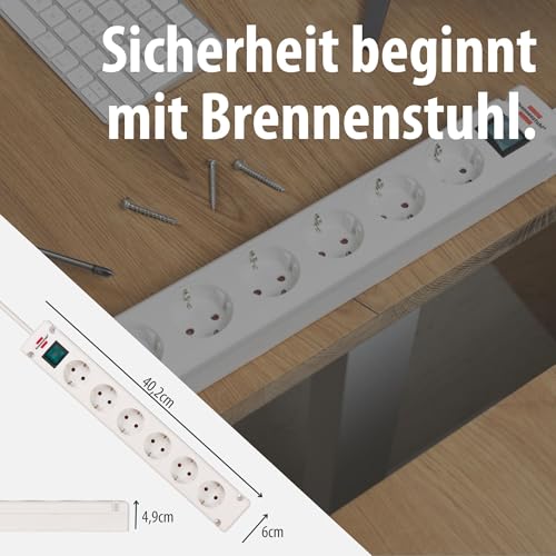 Brennenstuhl Bremounta Steckdosenleiste 6-Fach mit Schalter (Mehrfachsteckdose mit 90 Grad Steckdosen, Steckerleiste mit Befestigungsmöglichkeit und 3m Kabel) weiß
