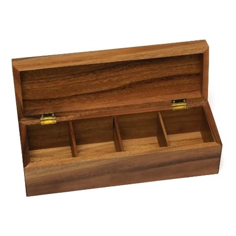 Lipper International Acacia 3-7 1128 Wood Tea Box with 4 Sections, 12-1/2" x 4-1/8" x 3-7/8", Hardwood Cover