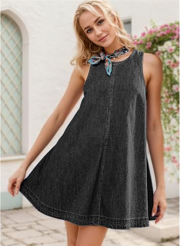Image of YUENIU Women's Sleeveless Denim Babydoll Mini Dress Summer Casual Cutout Back A-Line Flowy Jean Dress with Pockets