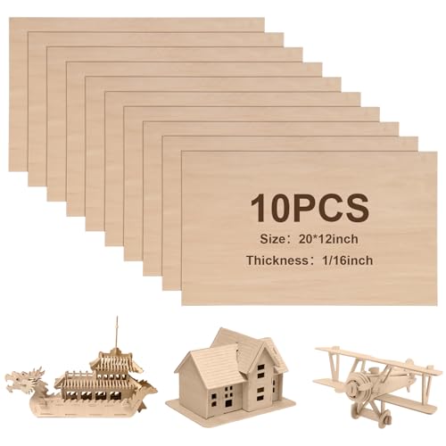 Sasylvia 10 Sheets Balsa Wood Sheets 12 x 20 x 1/16 Inch Basswood Sheets for Crafts Plywood Sheets Unfinished Wooden Boards Rectangular Wood Planks for DIY Models Projects Drawing Laser Cutting