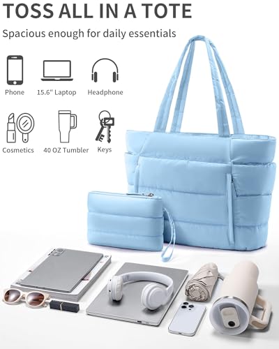 Image of Bagstellar Puffer Tote Bag for Women, Lightweight Puffy Work Handbag Teacher Nurse Quilted Shoulder Bag for School Travel Gym | Cloud Bag w / Zipper