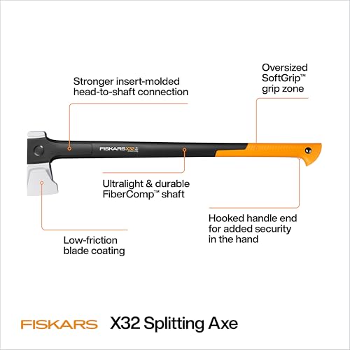 Image of Fiskars X32 Splitting Axe 32 inch, Forged Steel Blade for More One-Strike Splits on Large Logs, Shock-Absorbing FiberComp Handle & Low-Friction Coating for Rust Protection & Easy Removal