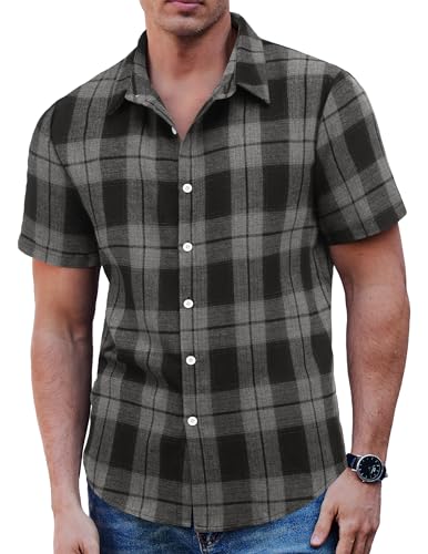 COOFANDY Hemd Herren Kariert Kurzarmhemd Karohemd Freizeithemd Flanellhemd Kurzarm Casual Sommerhemd Schwarz Grau XL