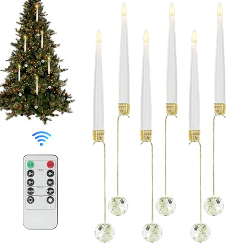 Velas de árbol de Navidad con control remoto, velas cónicas sin llama con control remoto para decoración de árbol de Navidad, 6 piezas LED sin llama con gancho de bola de perlas para exteriores