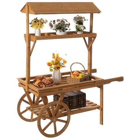 Vintiquewise Wooden 3 Tier Rolling Table Cart with 2 Wheels for Home Decor, Display Rack, Lemonade stand, Food Stand, or Tea Stall Cover