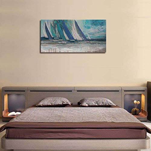 Arjun Blue Abstract Wall Art Canvas for Living Room Teal Ocean Sailboat Textured Bedroom Picture Modern Turquoise Coastal Nautical Painting Framed Artwork Home Office Wall Decor, Extra Large 58"x29" - Image 3