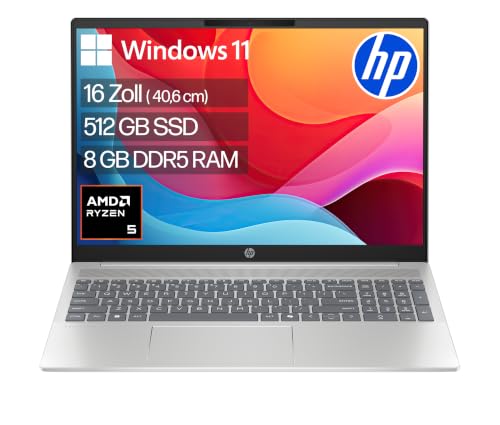 HP Pavilion Laptop, 16' WUXGA Touch-Display, AMD Ryzen 5 8540U, 8 GB DDR5 RAM, 512 GB PCIe NVMe SSD, AMD Radeon Graphics, QWERTZ, Windows 11 Home, Silber