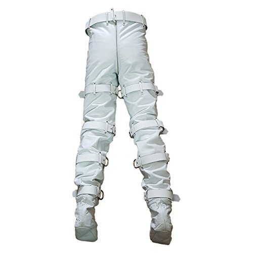 Men Real White Leather Locking Bondage Chastity Jeans with Rear Zip BLUF3
