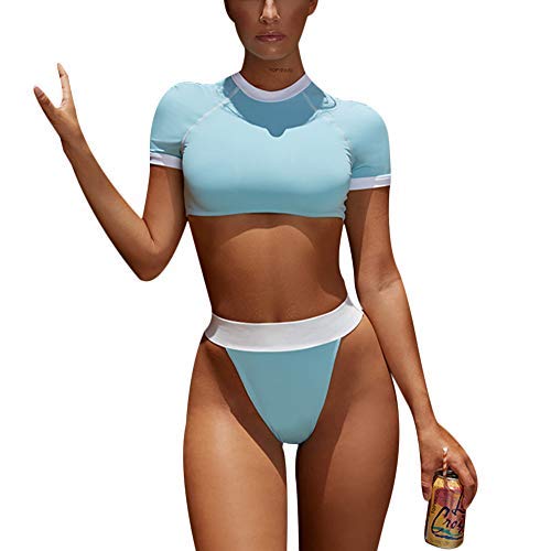 Ensemble de bikini à manches courtes pour femme - Taille haute - Maillot de bain 2 pièces - Bleu - 38 Cover