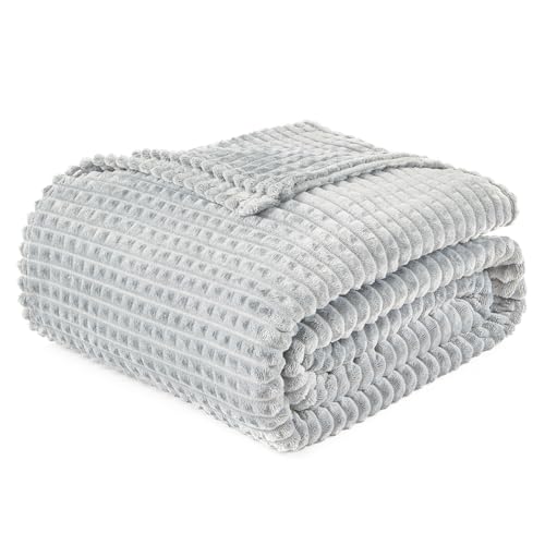 Image of EMME Fleece Throw Blanket Luxury Flannel for Couch Bed Sofa Chair, Soft, Plush, Warm and Cozy Blanket with Geometric Grid Design (Light Grey, 50'' x 60'')