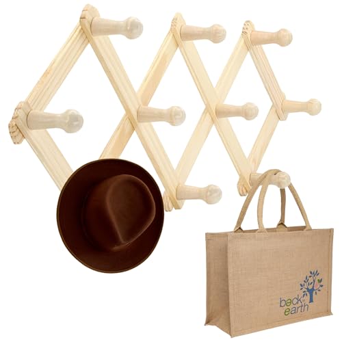 Image of RamPro Accordion Style Wood Expandable Rack Hat, Cap, Belt, Umbrella Coffee Mug Wall Wooden Pegs
