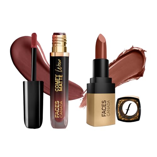 Image of FACES CANADA Comfy Matte Wow Liquid Lipstick - Cocoa Crush 07 (3.8ml) & Comfy Matte Velvet Touch Lipstick - Cocoa Truffle 06 (4.2g)| One Swipe Application | Highly Pigmented |Hydrating Lips | Smooth Application