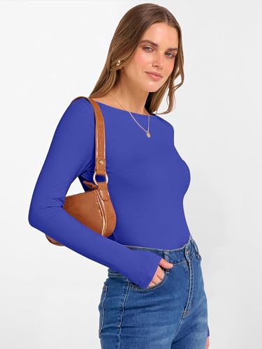 Image of ANRABESS Women's Boat Neck Long Sleeve Shirts Rib Knit Slim Fitting Tops Basic Tees 2026 Casual Comfy Fall Outfits Clothes