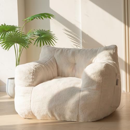 Image of MAXYOYO Boucle Tufted Bean Bag Couch, Teddy Lazy Sofa Accent Chair with Pocket for Reading, Living Room Bean Bag Chair for Adults Kids, Beige 1