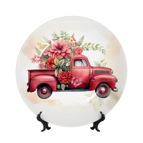hsbolediy Retro Red Truck Porcelain Decorative Plate 10in, Ceramic Plates Ornament for Couple Wedding Anniversary Dinner Office Decor