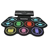 SUNGOOYUE Elektronisches Schlagzeug-Set, 9 Farbige Drum-Pads mit 2 Pedalen, 12 Demo-Songs, BT-Funktion, USB-MIDI-Schnittstelle, Integrierte Lautsprecher, für Anfänger und Musikspi (EU-Stecker)