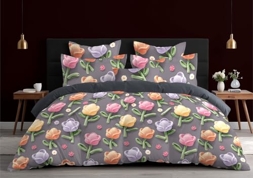 Image of DECOR2ADMIRE 300 TC Premium 7D Print Super King Size Cotton Bedsheet Set with 2 Pillow Covers | Ultra Soft 108 inch x 108 inch | Elegant Floral Designs (Pastel Bloom Grey)