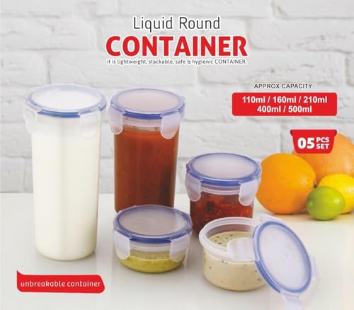 Image of KEMETHY Plastic Round Airtight Food Storage Containers with Leak Proof Locking Lid, BPA Free, Transparent, 5 Pcs Set, 110 /160 /210 /400 /500 ml (Transparent- 5 Pcs)