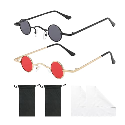 ATBUSS 2 gafas redondas, con 2 bolsillos de almacenamiento y 2 paños para gafas, gafas de sol mini punk, gafas de sol retro personalizadas, accesorios a juego de moda, adecuados para fotografía,