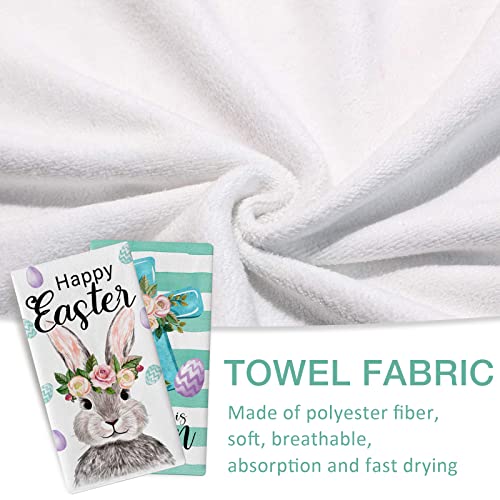 Seliem Happy Easter Bunny Rabbit Kitchen Dish Towel Set Of 2, He Is Risen Religious Cross Eggs Flowers Hand Towel Drying Baking Cooking Cloth, Green Stripes Spring Holiday Kitchen Decor 18X26 Inches #TOP2