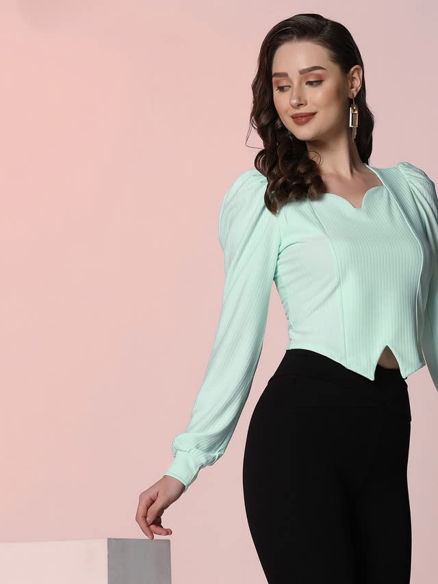 Image of Selvia Women's Knitted Cuff Sleeve Lycra Sweetheart Neck Crop Top