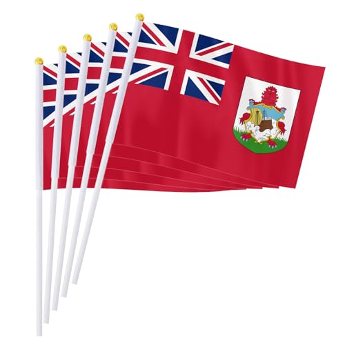 PTEROSAUR Paquete de 50 banderas de mano Bermudas, 14 x 20 cm, región de América del Norte, Bermudas Británicas, palo de mano, banderas pequeñas (50)