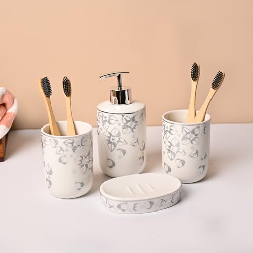 Image of Market99 Ceramic Bathroom Set Glossy White and Grey with Sophisticated Leaf Design, Includes Soap Dispenser, Tumbler, Toothbrush Holder, and Soap Dish for Coordinated Bathroom Style, 300 ML Capacity