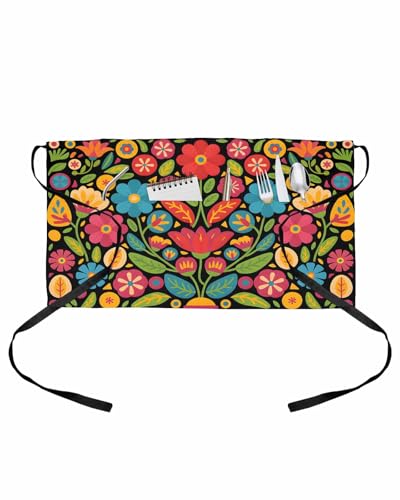 DecorLovee Colorful Floral Mexican Pattern Waitress Apron with 3 Pockets, Mexico Ethnic Black Abstract Art Server Aprons Waterproof Kitchen Restaurant Half Waist Apron for Men Women