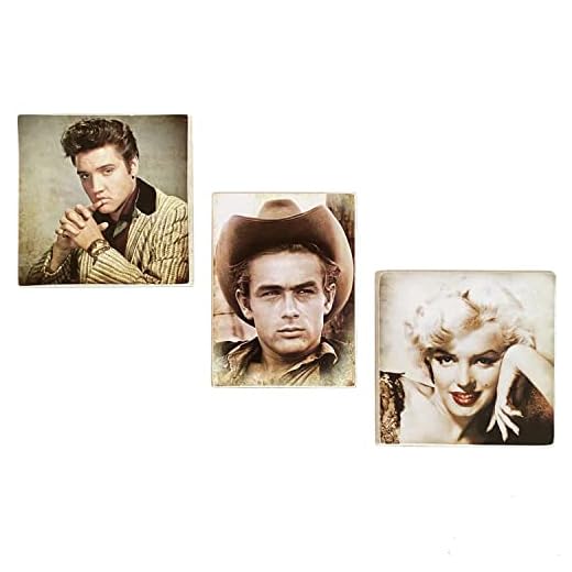Kustom Art - Juego de 3 imanes (imán) Serie Attori Famosi Monroe, Dean, Presley estilo vintage para frigorífico/Garaje/Bar de colección Impresión sobre madera 10x6 cm o 8x8 cm