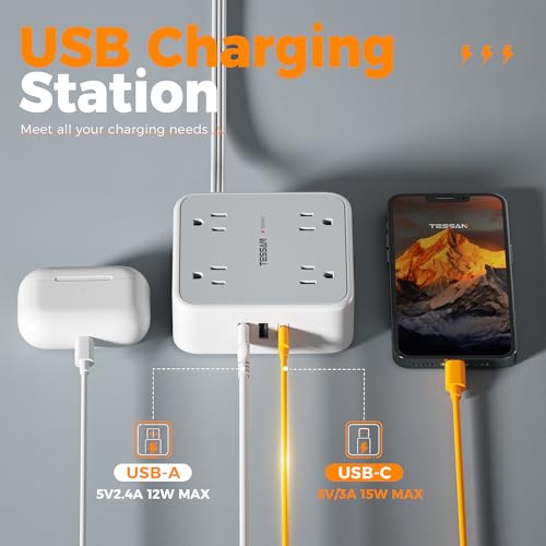 Image of TESSAN Surge Protector Power Strip, 5 Ft Flat Plug Extension Cord with 3 USB (1 USB C) 8 Outlets, 900J Protection, 3 Sided Outlet Extender with Ring Plug for Office, Dorm Room, Grey