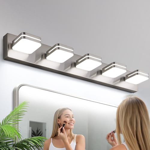 Image of Torondo 360 Rotate LED Bathroom Vanity Light Fixtures, Acrylic Vanity Lights for Bathroom, Modern Wall Lighting Fixtures Over Mirror Living, Brushed Nickel, Natural White, 5-Light, 34-Inch