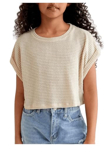 Girl's Waffle Knit Short Sleeve T Shirt Casual Summer Crew Neck Cropped Tee Tops