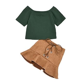 Hopscotch Girls Poly Cotton Solid Half Sleeves Top and Skirt Set in Green Color