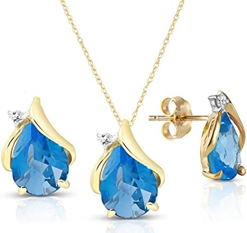 Galaxy Gold GG 14k Yellow Gold Teardrop Blue Topaz with Diamond Accent Necklace and Earring Set