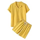  ORANDESIGNE Survetement Homme Ensemble d\'été Lin De Couleur Unie T-Shirt à Manches Courtes + Short à Taille éLastique Set Décontracté Loose Tenue De Pyjama Sportswear 2 Pièce A Jaune L