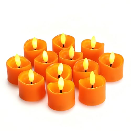 Image of CANDLE CHOICE Battery Operated Flameless Tea Lights Realistic Black Wick Bright Flickering LED Tealight Votive Candles Wedding Party Table Halloween Christmas Decorations Batteries Incl 12 Pack Orange
