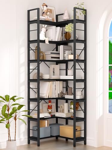 TEROL 7-Tier Corner Bookshelf, Reversible Wooden Shelves, Industrial Bookcase with Open Shelves and Sturdy Metal Frame, Display Shelf Storage Rack for Living Room, Bedroom, Home Office (Black)