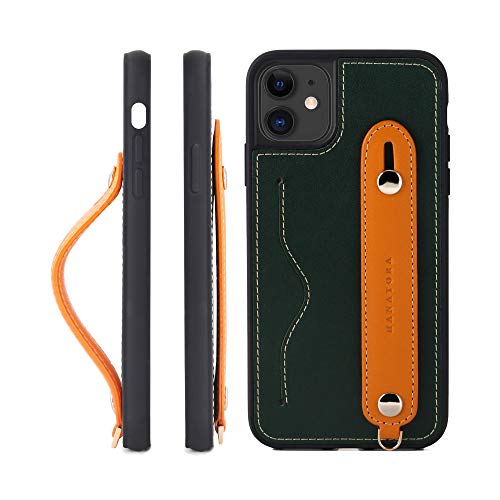 IPhone 11ProMax グリップケース レザー 本革 ストラップ付属 イタリア製牛革 ヌメ革 片手操作 カード収納 スタンド機能 メンズ レディース グリーン/オレンジ