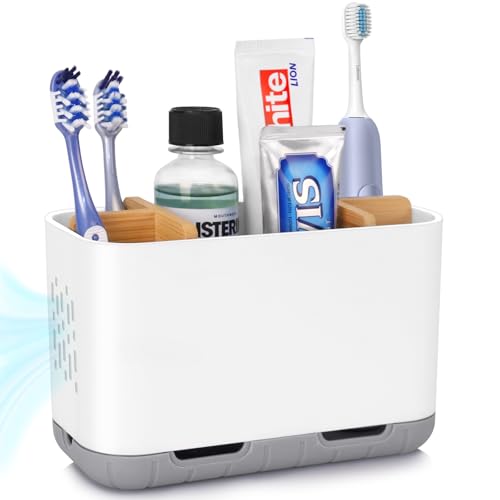 PARKMANI Toothbrush Holder for Bathrooms, Electric Toothbrush and Toothpaste Holder with Adjustable Dividers and Drainage, Kids Toothbrush Organizer for Bathroom Countertop (White)