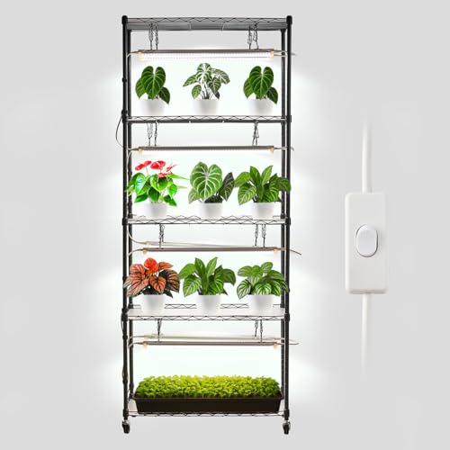 VEVOR DIY Plant Shelf with Grow Lights, 71 in Tall Indoor Plant Stand with Wheels, 192W 5000K Full Spectrum Grow Lights, Heavy Duty Metal Plants Display Rack, Flower Pot Holder for Seed Starting