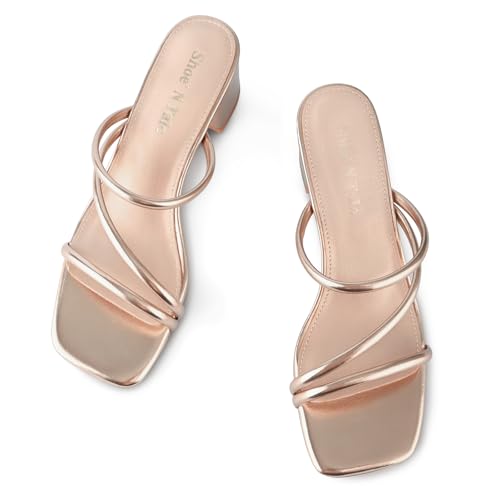 Image of Shoe'N Tale Strappy Heels For Women Low Chunky Block Heel Heeled Sandals Square Open Toe Slip On Slides Mules