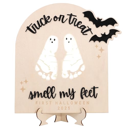 Image of DIY Halloween Footprint or Handprint Art Sign | Trick or Treat | My Little Boo | Baby’s First Halloween Keepsake | Kid Craft | 2025 | Engraved (Trick or Treat Footprint)