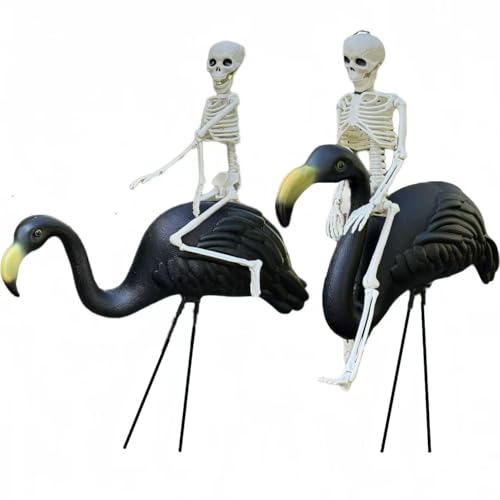 GiftExpress 2-Pack Large Black Flamingo Decor with 2-Pack 16 Posable Skeletons - Halloween Tropical Outdoor Yard Decorations Spooky Graveyard Lawn & Porch Bird Statues