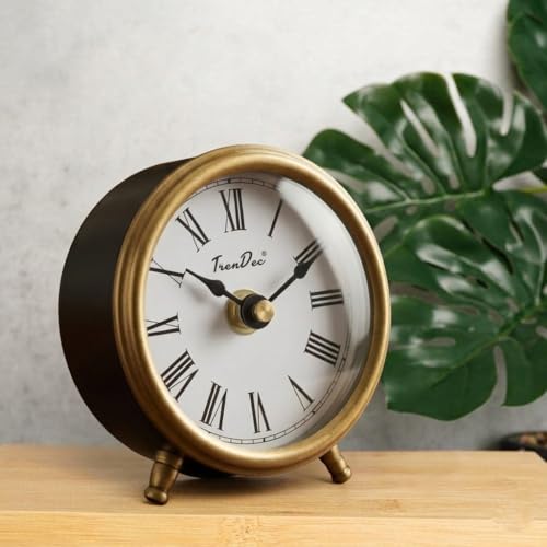 Image of 3 inch Analog Table Clock, Round, Gold and Black Powder Coat Finish, Iron.