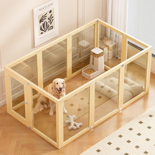 Clear Acrylic Dog Playpen Indoor with Solid Wood Frame 10 Panels Clear Dog Playpen for Small Dogs Easy Assembly Acrylic Pet Pen Safe and Sturdy Play Area for Puppy Rabbit Indoor