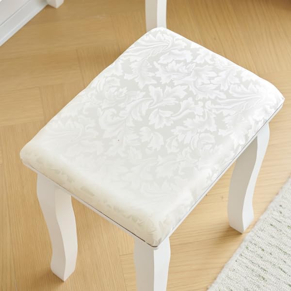 Girls Vanity Table with Lighted Mirror and Stool, 10 Dimmable LED Lights, 3 Color Lighting Modes, 5 Drawers, Bedroom Dressing Makeup Desk Set