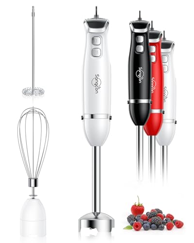 Sangcon Batidora de mano eléctrica 3 en 1, 400 W, acero inoxidable, batidora con batidor, espumador de leche, accesorios, color blanco