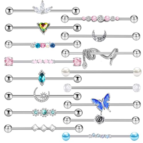 TIANCI FBYJS 7-16pcs 14G Stainless Steel Industrial Piercing Barbell Earring Cartilage Body Jewelry 38mm 1&1/2 Inch Industrial Piercing Bar for Women Men Snake Chain Dangle