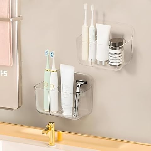Diesisa 2pcs Toothbrush Holder, Acrylic Bathroom Toothbrush Holder, 2 Slots Toothbrush and Toothpaste Holder Bathroom Counter Organizer for Electric Toothbrushes,Razors-Transparent Cover